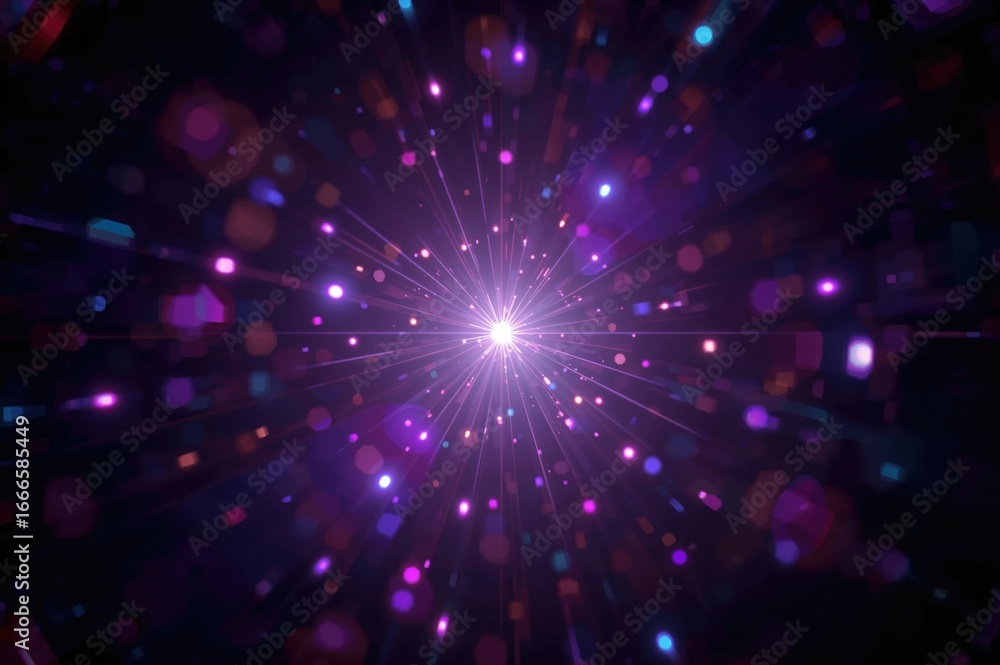 Poster Simple method to apply lens flare effects for overlays and screen blending to enhance image quality. Abstract light burst with digital flare and colorful glare on a blurred background.
