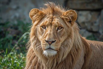 Fototapeta premium Close-up portrait of a wild big cat staring directly at the lens, showcasing natural textures and grassy surroundings