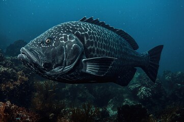 Naklejka premium Massive Black Sea Bass (Stereolepis gigas), a large grouper species from the Pacific, can reach weights up to 800 lbs and faces critical endangerment from overfishing.