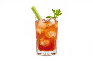 Traditional brunch cocktail featuring a tall cylindrical glass garnished with celery, ideal for hangover relief and mixed drink enjoyment, set against a white background with clipping path