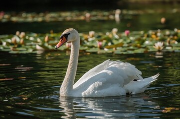 Fototapeta premium Graceful white swan sailing smoothly over the water