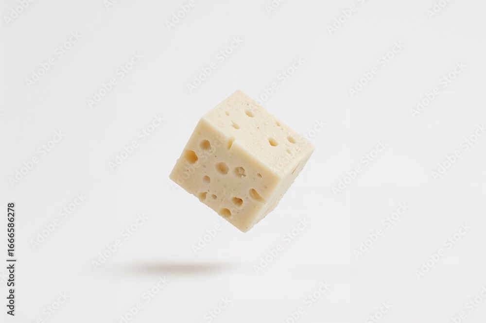 Poster cube of cheese dropping against white background with selective focus
