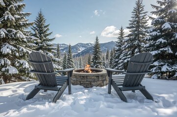 Snow-Covered Fire Pit Surrounded by Grey Outdoor Chairs and Pine Trees