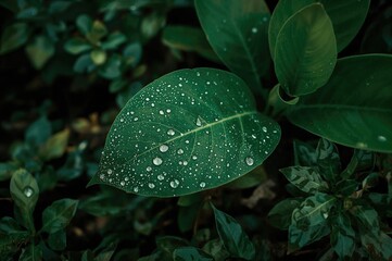 Close-up of lush green leaves with dew drops in a natural environment