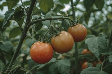 Close-up of unripe cherry tomatoes growing on a leafy stem inside a glasshouse