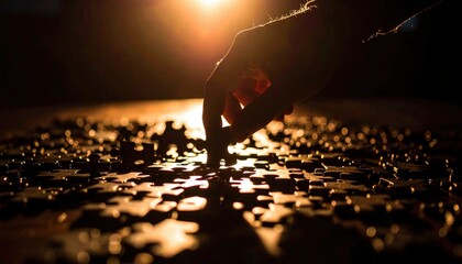 Hand Placing Jigsaw Piece In Dark Illuminated Puzzle