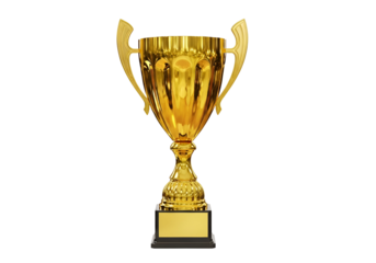 A polished golden trophy with ornate detailing stands majestically against a black background.