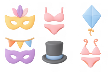 Colorful carnival attire and kite set in cartoon style