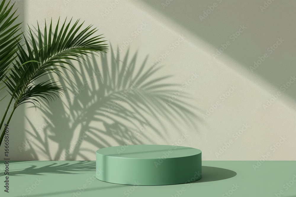 Poster minimalist abstract backdrop with green platform for showcasing products. tropical leaf shadow cast 