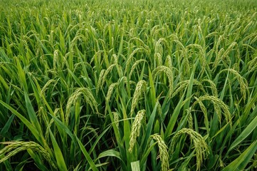 Fototapeta premium Lush green rice paddies approaching the time for seed collection