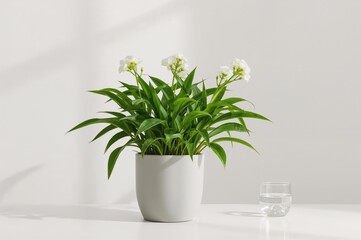 Obraz premium Indoor green plant in a pot placed on a white surface with empty area
