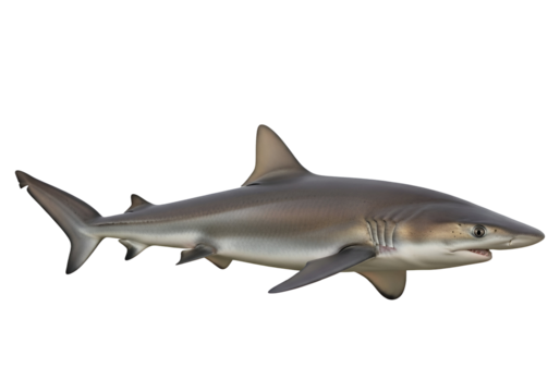 A side view of a gray reef shark, presented against a stark black background, showcasing its sleek form and sharp features.