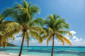 Fototapeta premium Lush palm foliage framing a sunny beach scene with blue skies and vibrant nature