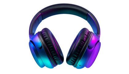 Neon headphones for audio, music enjoyment on transparent background