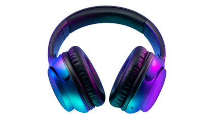 Neon headphones for audio, music enjoyment on transparent background