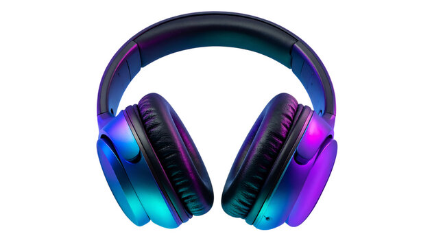 Neon headphones for audio, music enjoyment on transparent background