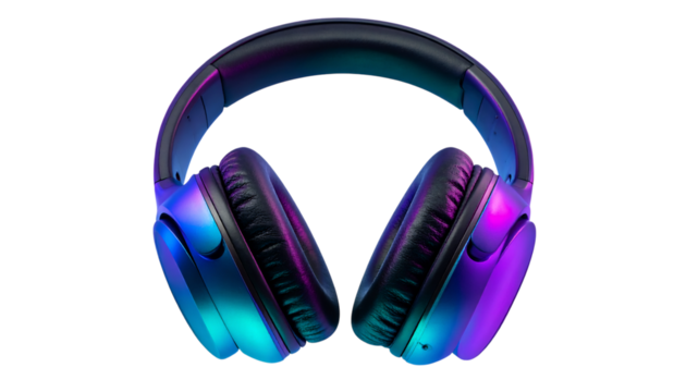 Neon headphones for audio, music enjoyment on transparent background