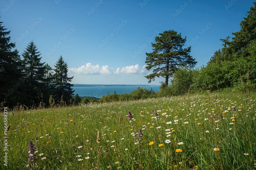 Poster lush field with trees and shrubs in a tranquil summer setting by a serene water body
