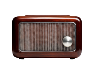 Retro wooden radio with mesh grill and metallic knob