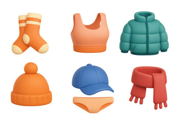 Colorful 3d winter and summer clothing icons collection for fashion design