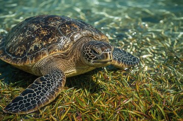 Obraz premium Sea grass watching by a green leatherback turtle