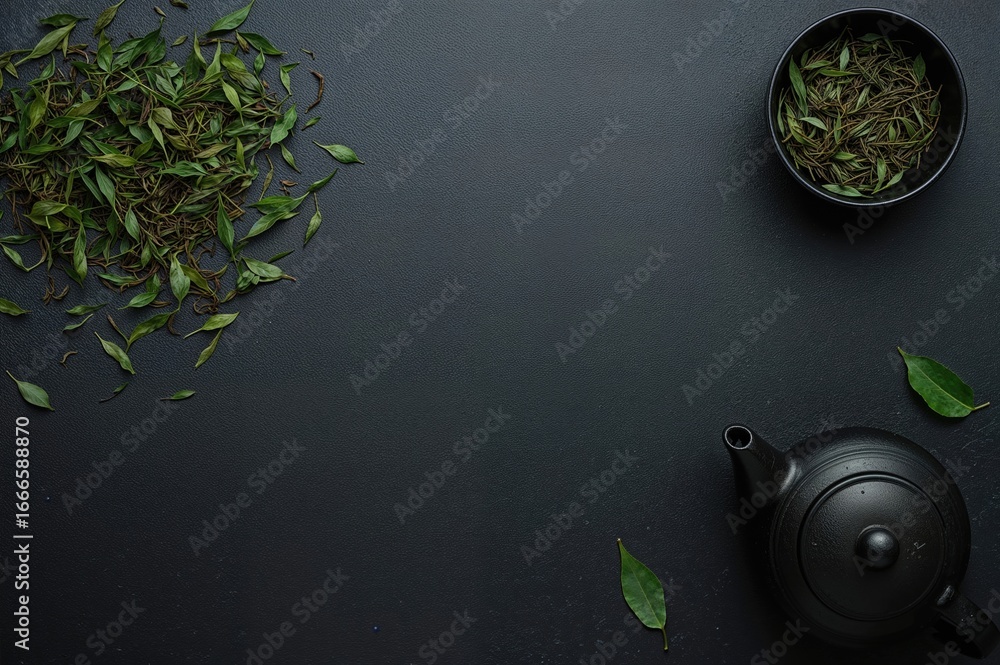 Poster top view of vibrant green tea served in a dark bowl with a matching teapot on a black slate surface,