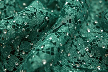 Close-up shot of green lace material featuring hexagonal mesh designs and intricate decorative accents, showcasing a rich and elegant texture.