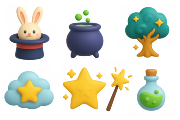 Playful 3d magic icons: rabbit, potion, wand, and stars in cartoon style