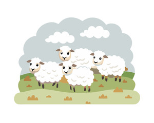 Fluffy Sheep Grazing Peacefully on a Green Meadow with Overcast Sky Backdrop Illustration