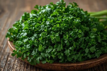 Fresh green parsley displayed on a wooden dish, close-up view