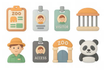 Cute zoo-themed badges and panda icons in cartoon style for kids