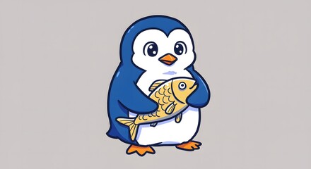 Cute Cartoon Penguin Holding a Fish Illustration