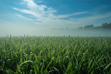 Obraz premium Foggy morning over lush green meadow with grass and sky