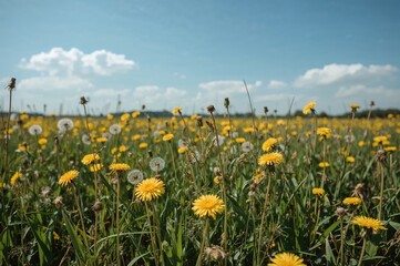 Yellow dandelions scattered across a lush green meadow in springtime