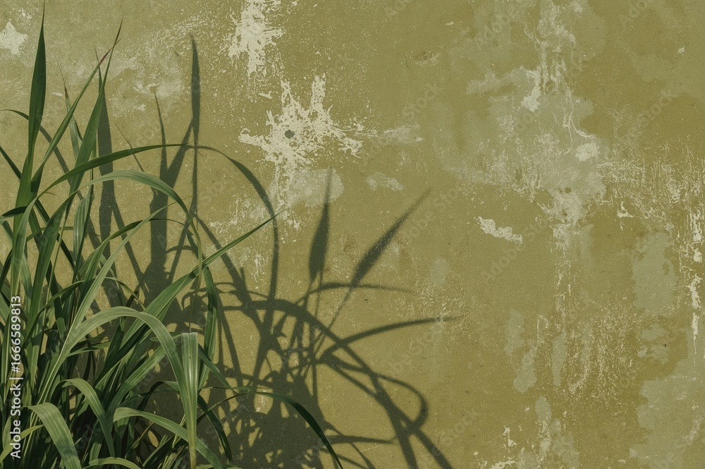 Poster olive green concrete wall featuring abstract shadows of grass leaves with textured roughness and irr