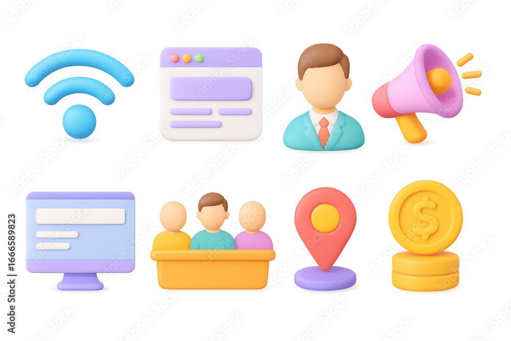 Aufkleber colorful set of 3d business and communication icons with soft gradient style