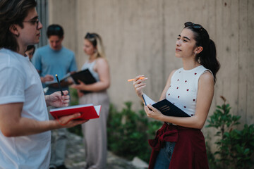 A group of students discussing and working together outside, using notebooks and pens.