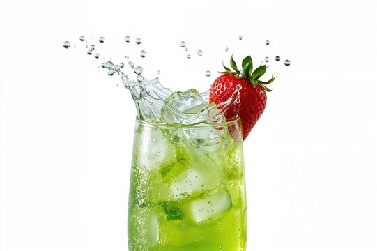 Close-up of a vibrant green drink splashing with ice and strawberries on a clean white backdrop