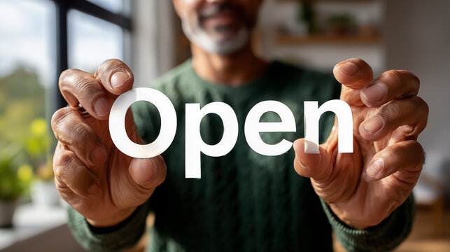 Open concept. Cropped image of senior man holding open lettering.