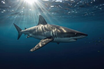 Fototapeta premium Large predatory shark gliding beneath sunbeams in deep blue waters with its primary fins visible