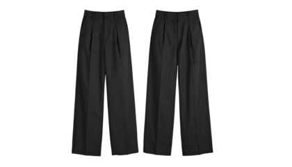 Two black trousers, formal wear on display on transparent background