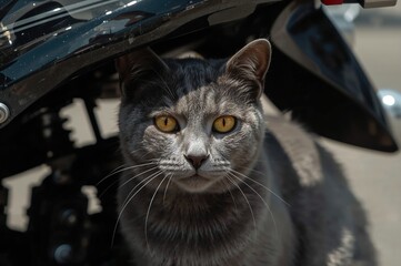 Dark gray cat with amber eyes resting beneath a motorcycle in the scorching heat.
