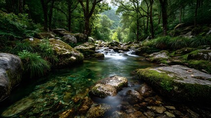 Obraz premium Peaceful, long-exposure photograph of a clear stream flowing gently over smooth, moss-covered rocks in a vibrant green, sun-dappled and enchanting forest.
