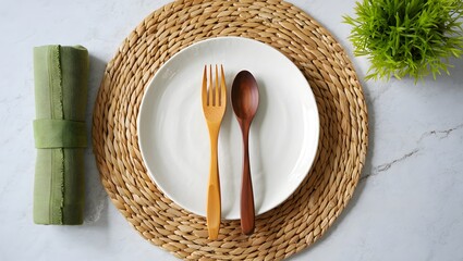 Biodegradable Wooden Utensils on White Plate with Woven Placemat