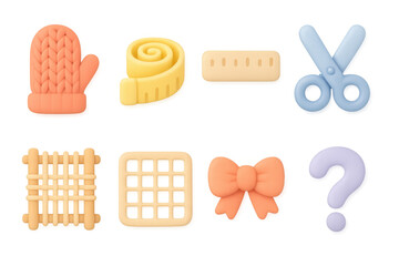 Colorful 3d craft icons set with scissors, mitten, tape measure, and more