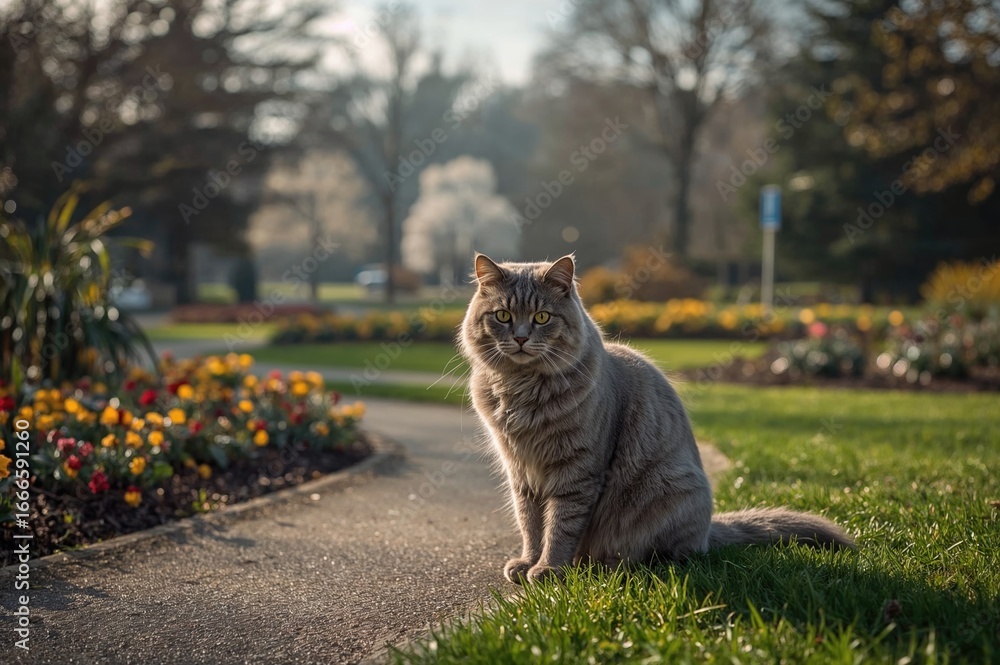 Poster gray feline perched on the border of a walkway in an open area.