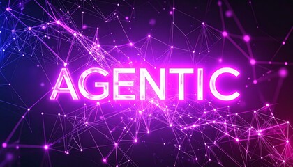 Purple neural AI web with glowing "AGENTIC Ai" text, futuristic digital matrix background with floating shapes, symbolizing intelligence, mystery, and autonomous systems.