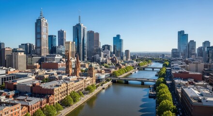Melbourne skyline with yarra river, showcasing the citys modern architecture and urban landscape on a sunny day
