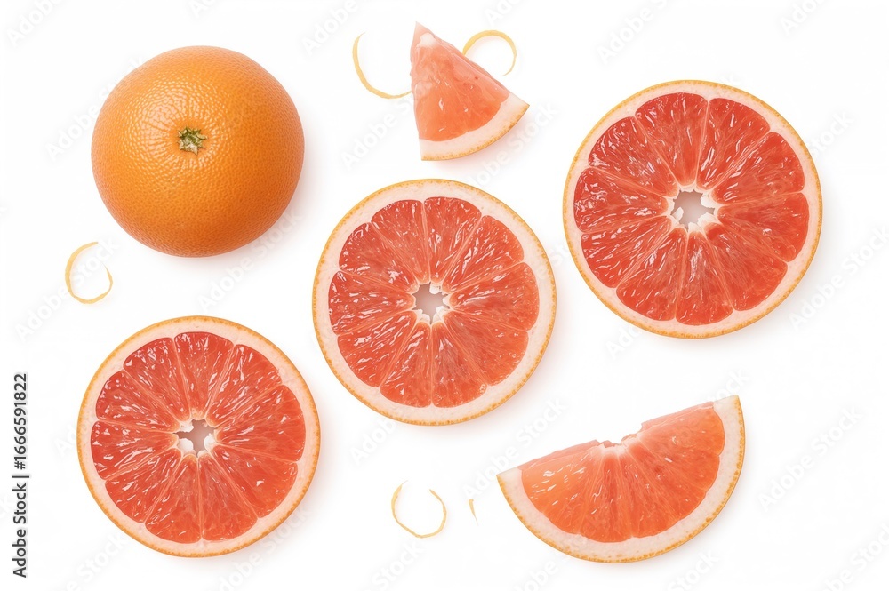 Poster isolated pink grapefruit: whole fruit, halves, and slices displayed on a white background with zest,