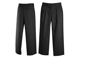 Formal black trousers, front and back view on transparent background